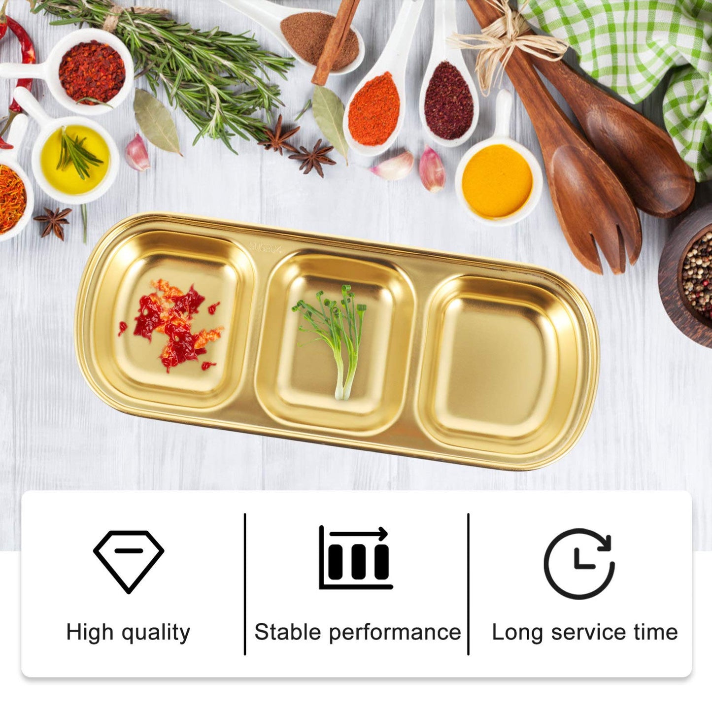 OUNONA Three Grid Seasoning Dish 2-Pack 8.07X3.14X0.78 Inch Stainless Steel Sauce Tray for Serving Dipping Sauces Appetizers and Condiments in Kitchen Restaurant Catering