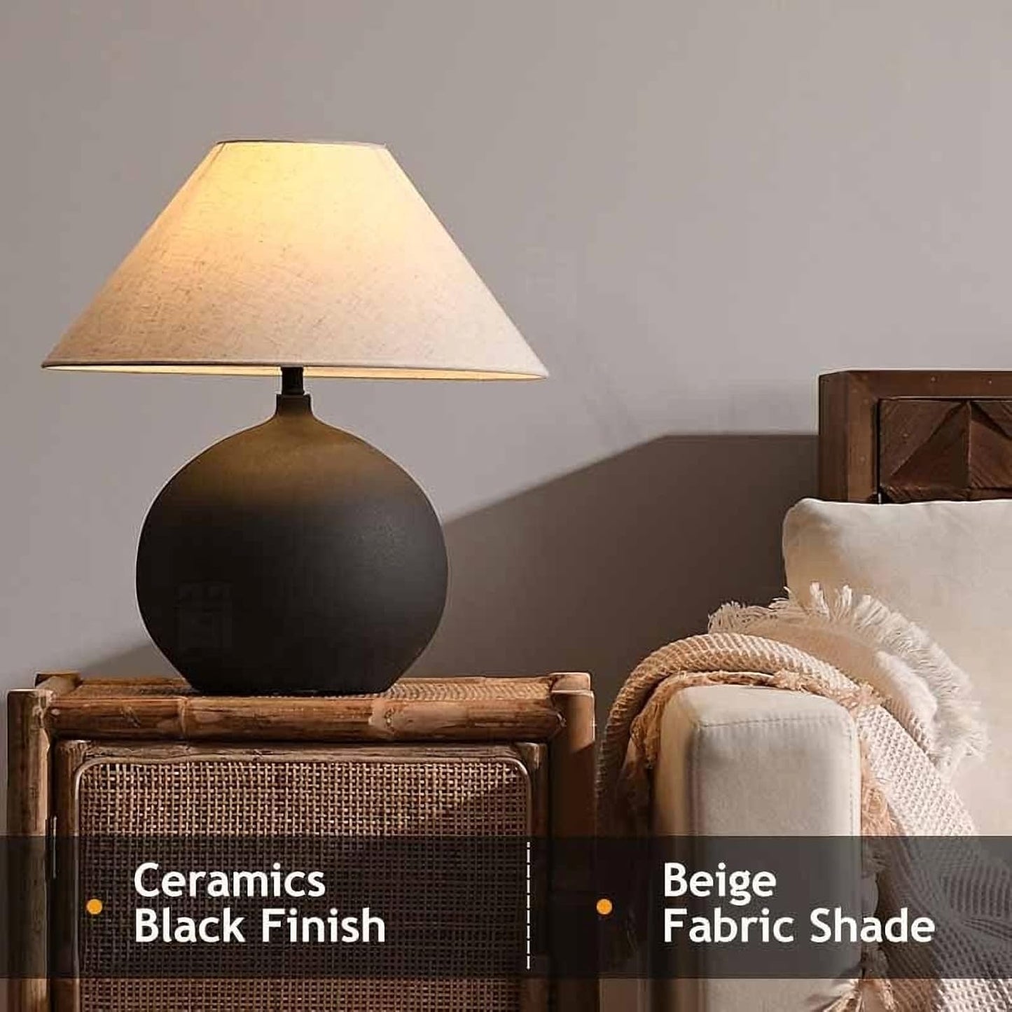 SANDYHA Rustic Round Black Ceramic Table Lamp 17.7'' Tall Farmhouse Black Crock Pot Desk Lamp Body with Tapered Fabric Shade Bedside Lamp for Living Room Bedroom House Office Entryway
