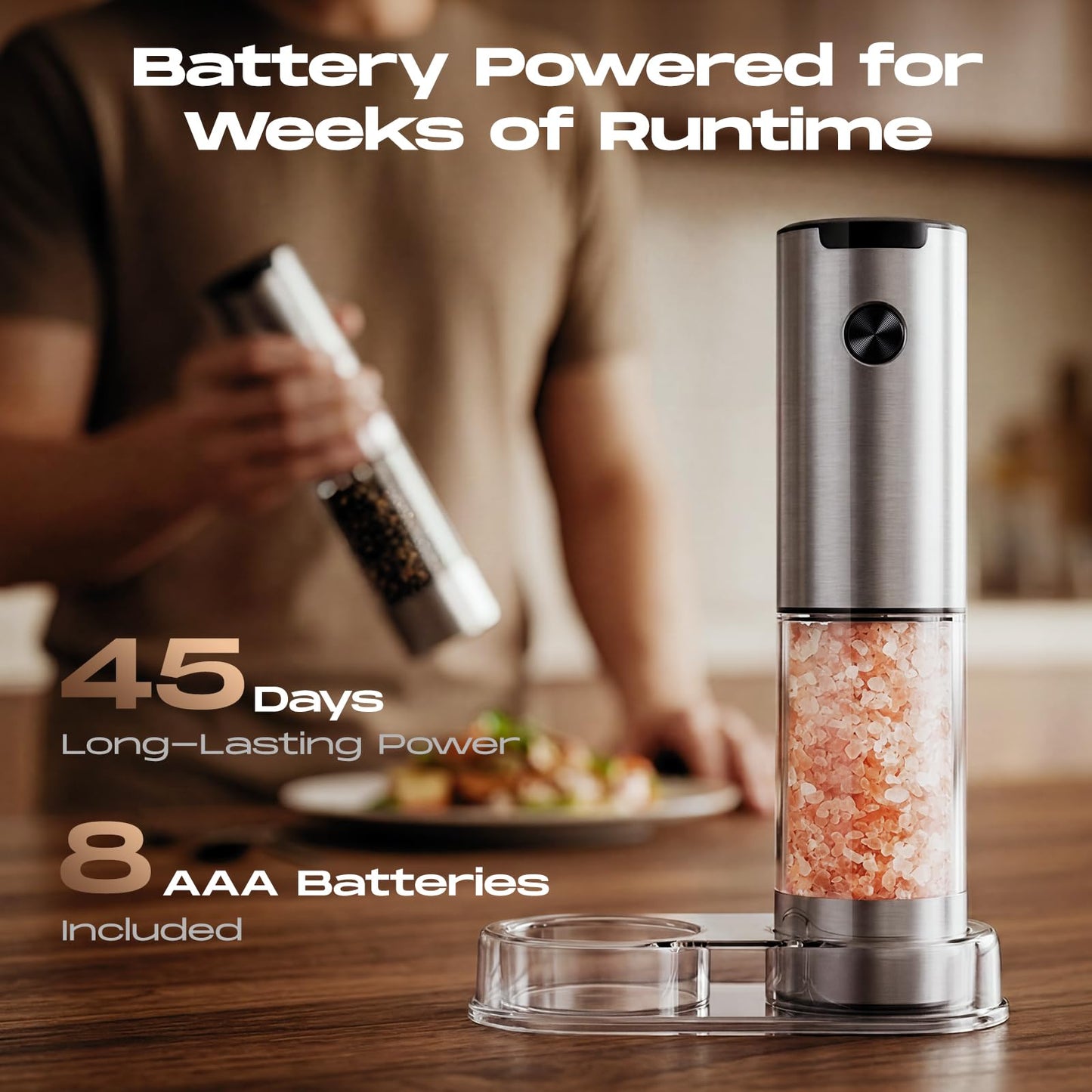 Electric Salt and Pepper Grinder Set, Battery Automatic Salt and Pepper Shaker with Adjustable Coarseness, Large Capacity Pepper Mill with LED Kitchen Appliances(Battery-Stainless Steel)