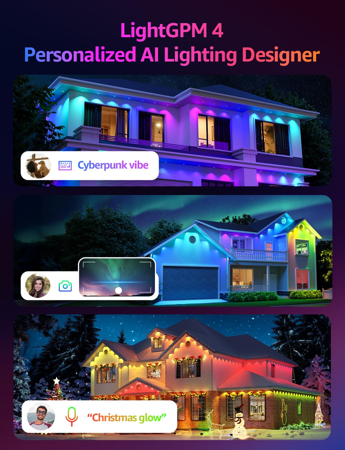 Lepro EE1 AI Permanent Outdoor Lights with Dual-Output, 300ft 180 LED RGB+IC Smart Outside Light for House Christmas Decor,Alexa Google Enabled 2.4 GHz WiFi/Bluetooth, APP Control No Remote Controller
