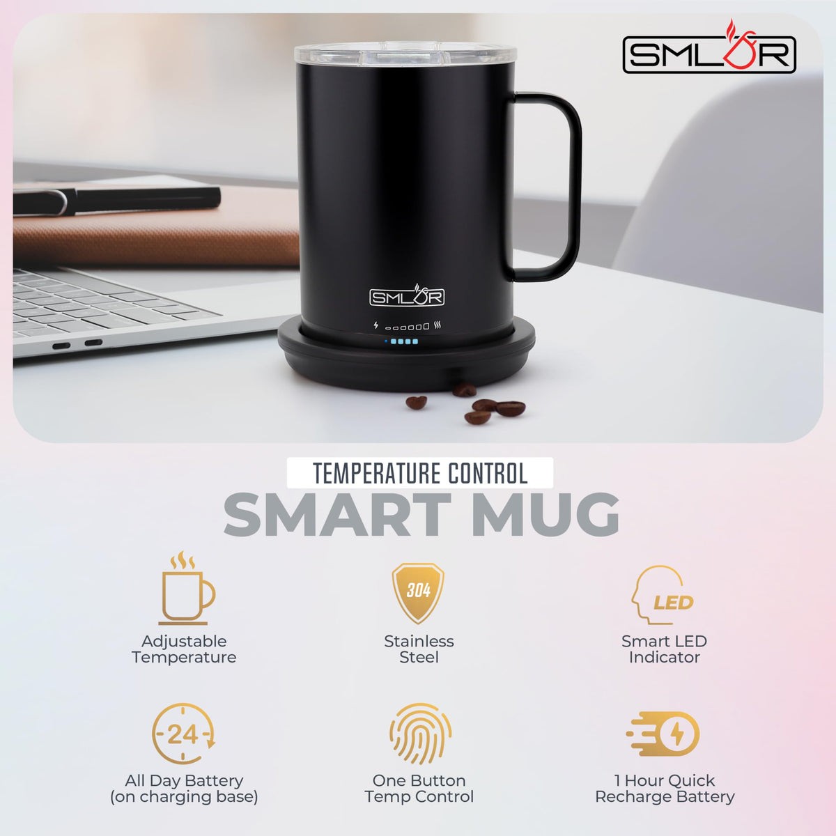 SMLDR Pro Heated Mug, 14 oz Smart Coffee Mug, Self-Heating, Adjustable Temperature, Battery Powered, Great for Coffee & Tea, Excellent Gift (Black)