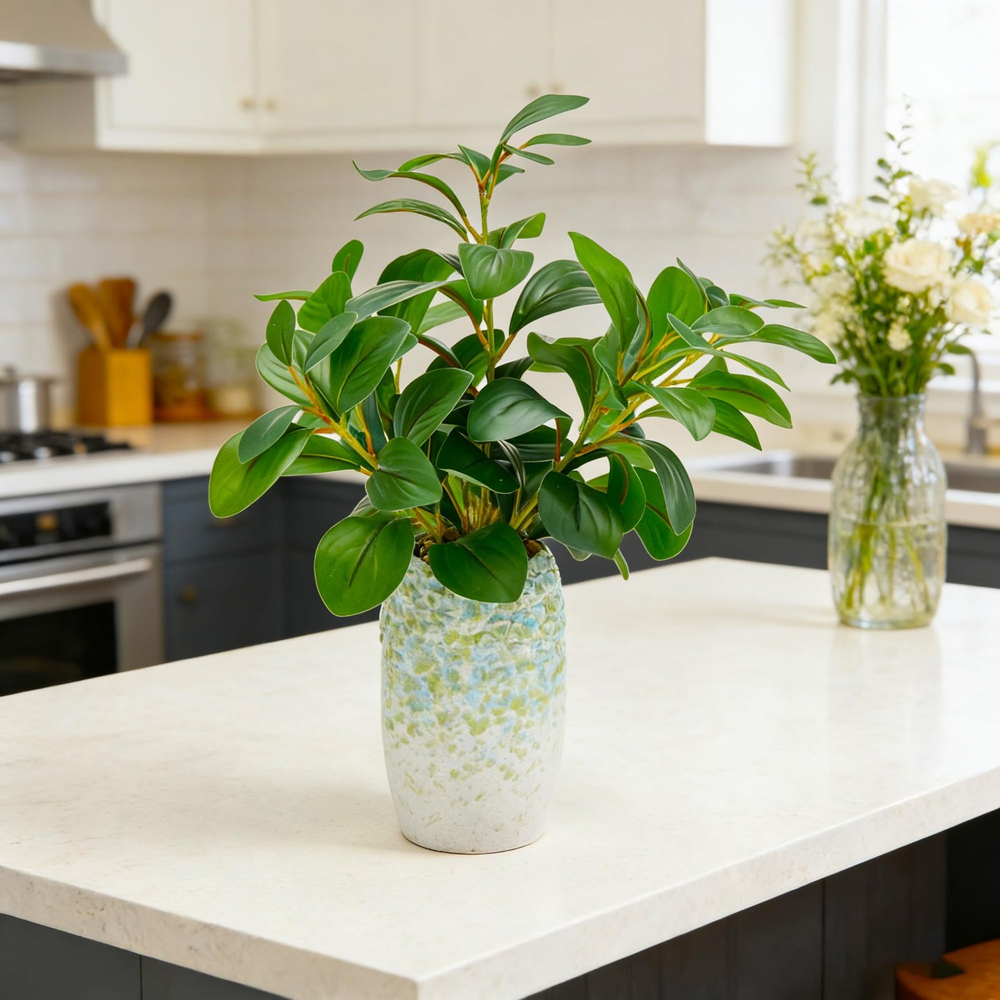 K&Y Realistic Artificial Potted Plants Olive Wild Fern Berry Decor Low Maintenance Faux Greenery Indoor Fake Plants for Home Office Bathroom Kitchen Desk Shelf (Green Flower vase Potted Plant)