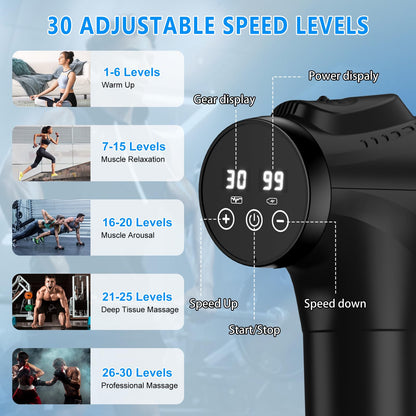 Massage Gun, Muscle Massage Gun for Athletes Handheld Electric Deep Tissue Back Massager, Percussion Massage Device for Pain Relief with 30 Speed Levels 9 Heads