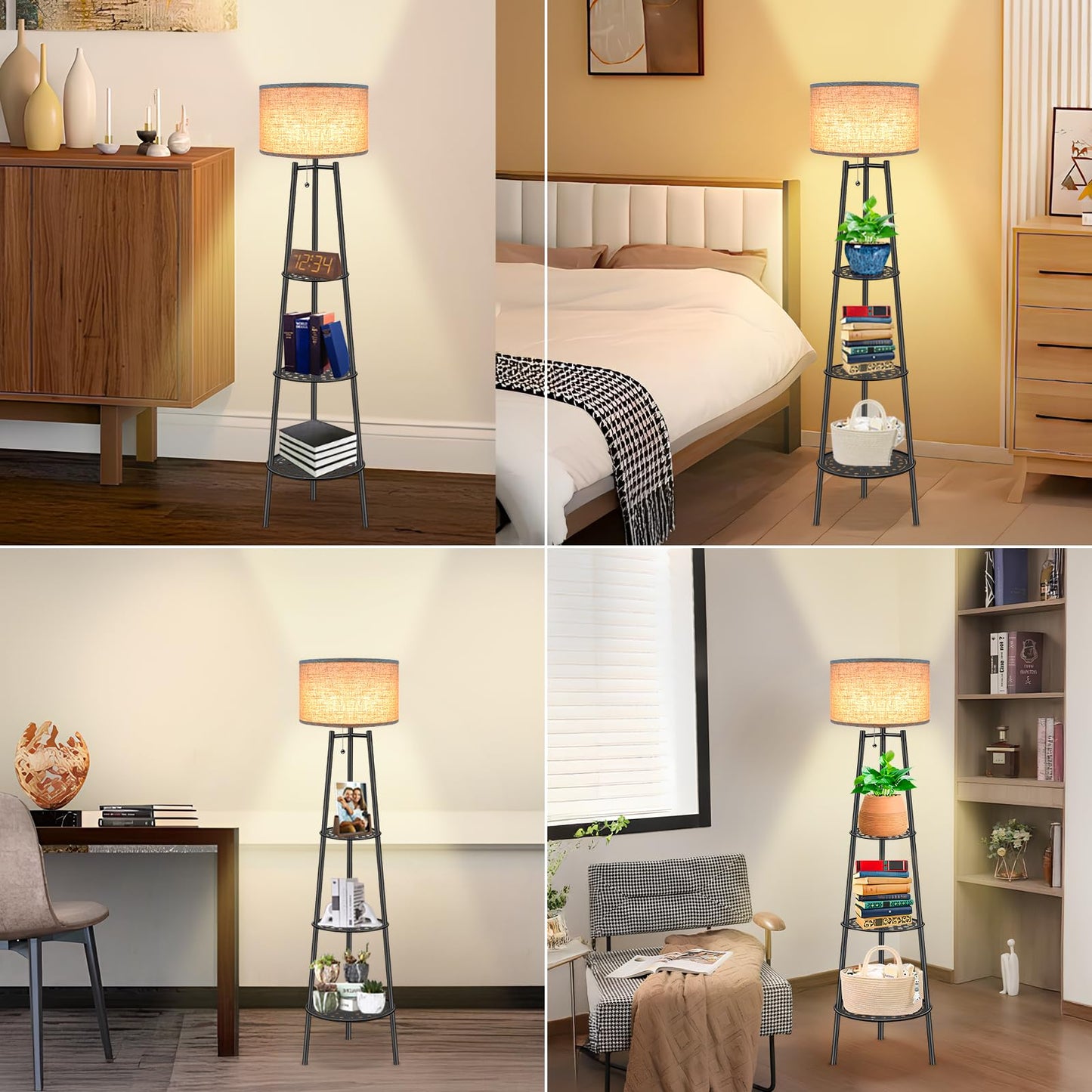 ZQQLITE Floor Lamp with Shelves for Living Room， Standing Lamp，Tall Lamp， Amparas Elegantes para Sala with Linen Shade，Modern Floor Lamp for Living Room，Bedroom or Office（Black ）