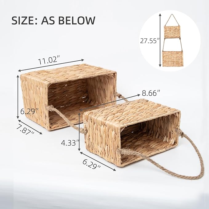 YAHUAN Water Hyacinth Hanging Basket 2-Tiered Woven Wicker Wall Basket Organizer