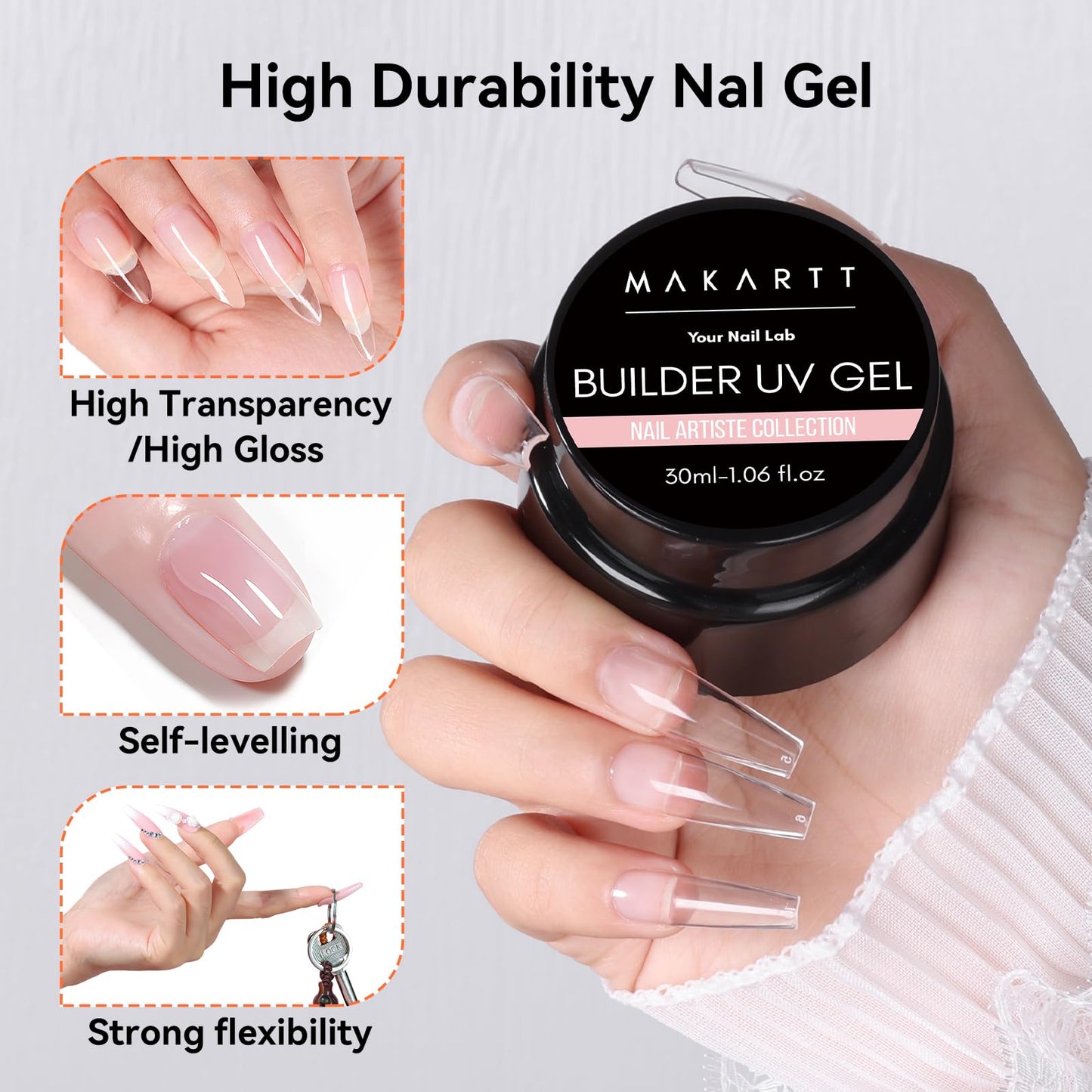 Makartt Clear Gel Builder Kit: Self-Levelling, Long Lasting Extension Hard Gels for Strengthener, Broken Nails Repair Gel Kit with Paper Forms, Dual forms, Nail File and Dual-End Brush 1.06 oz