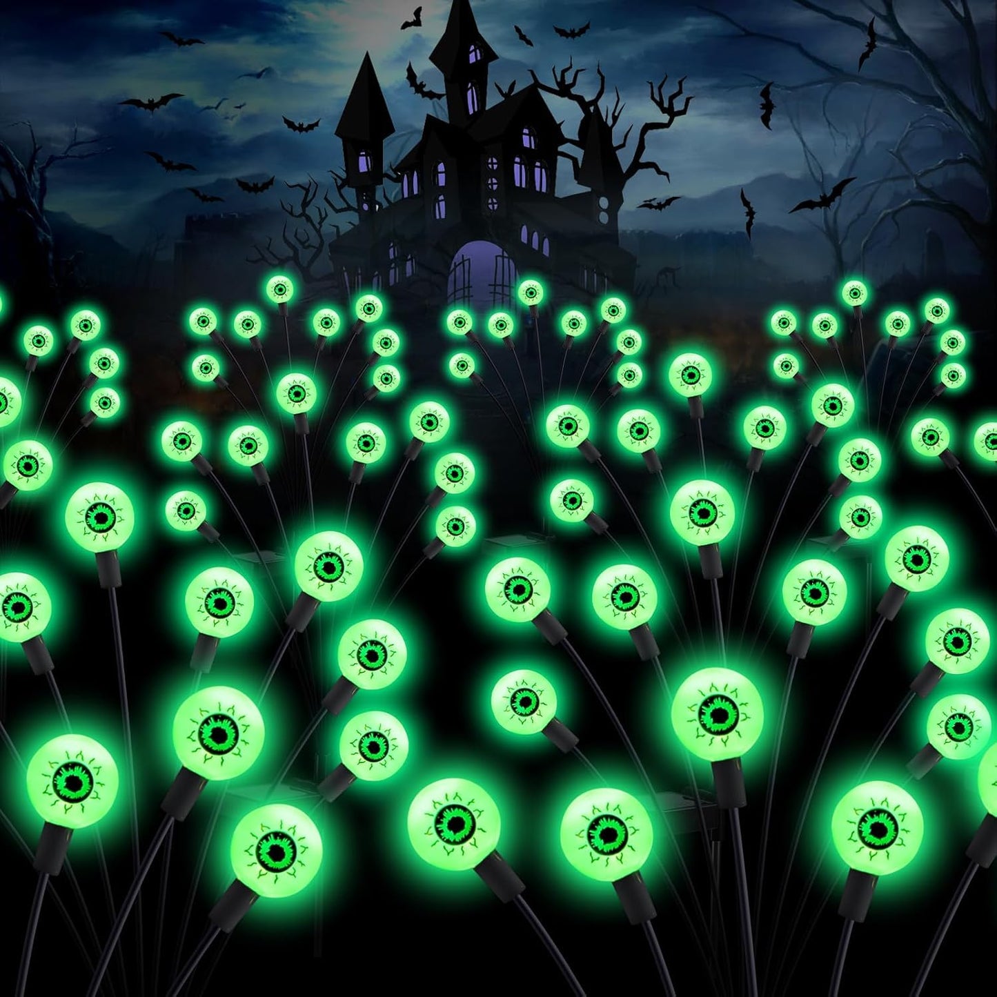 ASMAD Halloween Decorations Outdoor Solar Scary Eyeball Lights, 8Pack 64LEDs Green Eyeball Swaying Firefly Light, Waterproof Halloween Path Lights for Garden/Yard/Patio/Party Decor
