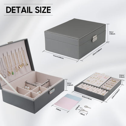 TEIVUL Jewellery Box,2 Layer Jewelry Organizer with 2 Keys and Cleaning Cloth PU Leather Jewellery Box Organizer,for Necklace Earrings Bracelet Ring Accessories,Jewellery Boxes for Women Girls