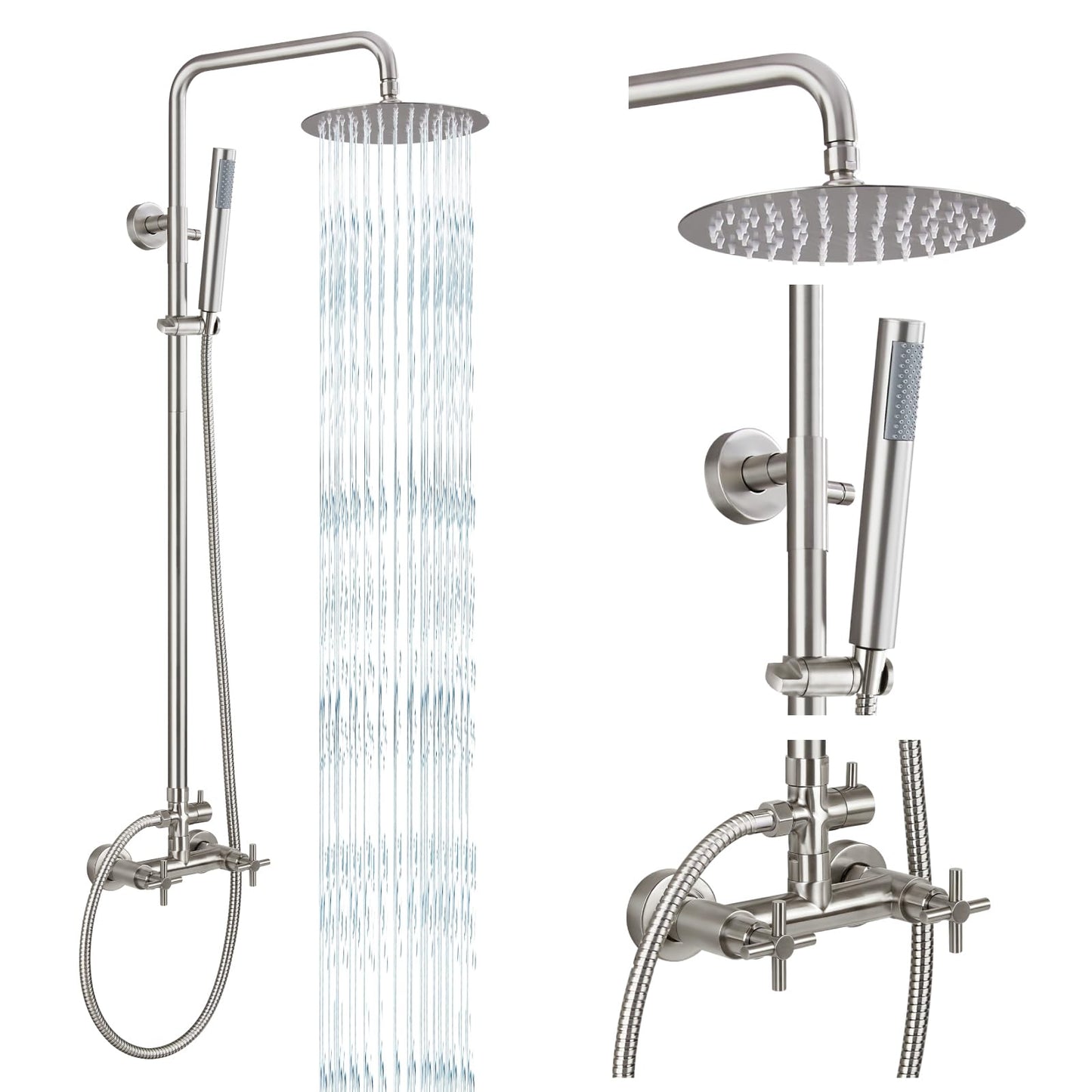 gotonovo Outdoor Shower Fixtures SUS304 Stainless Steel Rain Shower Kit Faucet High Pressure Wall Mount 2 Dual Function 8 Inch Showerhead and Handheld Spray Combo, Double Cross Handle, Brushed Nickel
