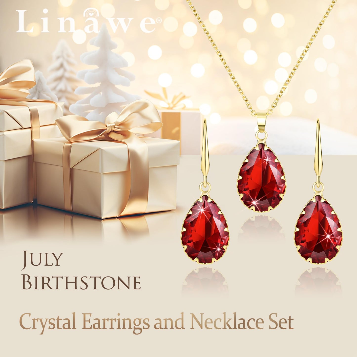 Linawe Ruby Crystal Wedding Jewelry Sets for Women, Garnet Imitation Diamond Pendant Necklace Set, Gold Drop Dangle Red Earring Set, Boho Teardrop Rhinestone Birthstone Jewelry Set