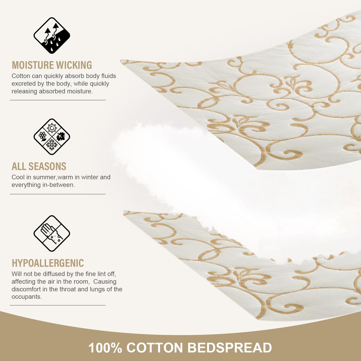 FineStichery 100% Cotton Oversized Bedspread Quilt Coverlet Set, 120"x102" Extra Large Queen Bedspreads with Pillow Shams, Lightweight Embroidered Bedding Cover 3 Piece, Beige/White