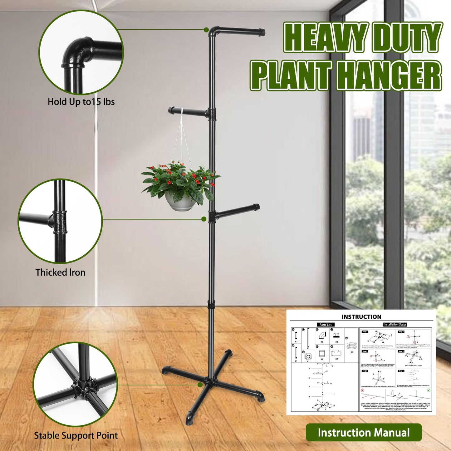 Chloraeon Hanging Plant Stand, Plant Hanger Indoor, Corner Hanging Plant Stand, Black Metal Holder for Bedroom, Living Room, Garden, Balcony