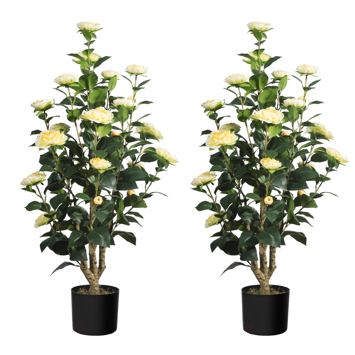 Romantic Season 2Pack Artificial Camellia Tree, 3FT Yellow Faux Camellia Plant for Modern Home, Office & Living Room Floor Decor