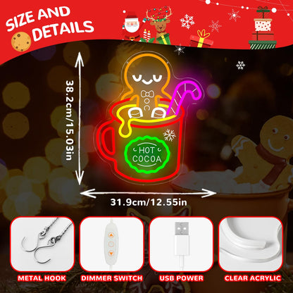 hhuohuona Christmas Gingerbread Man Neon Sign Dimmable Hot Cocoa Christmas Led Sign Gingerbread Hot Cocoa Mug Candy Cane Neon Lights Xmas Holiday Led Wall Decor Gift