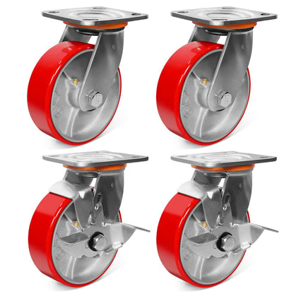 5000 lb Capacity Industrial Caster Wheels with Polyurethane & Cast Iron, Swivel Plate Casters for Platform Trucks, U-Boat Carts, Military Equipment (2 Brake &2 Swivel)