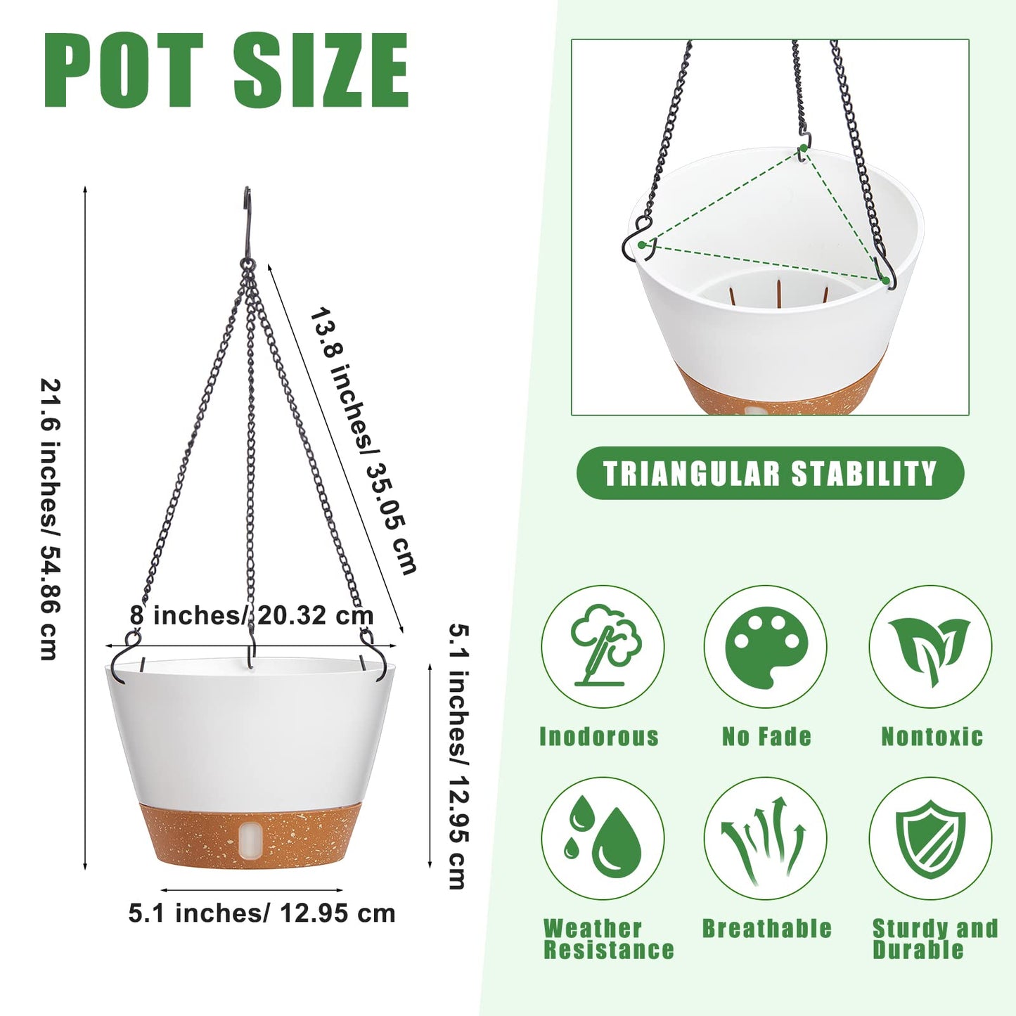 Amyhill 6 Pcs 8 Inch Hanging Planter for Indoor Plants Self Watering Hanging Pot Baskets with Drainage Hole Visible Water Level Tray with Hooks for Garden Outdoor(White)