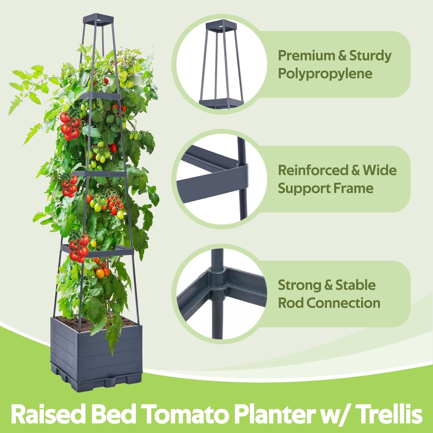 2 Pack Tomato Planter Box with Trellis for Climbing Plants Outdoor - Self Watering Raised Garden Bed Tomato Pot - 55" Tomato Cage Garden Trellis Plant Support for Vine Vegetables Herbs Flowers Indoor