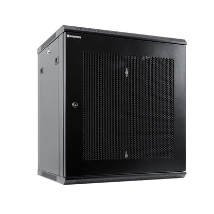 RackPath 12U Wall Mount Server Cabinet Network Rack Enclosure, Quiet Cooling Fan, Perforated Door, Black
