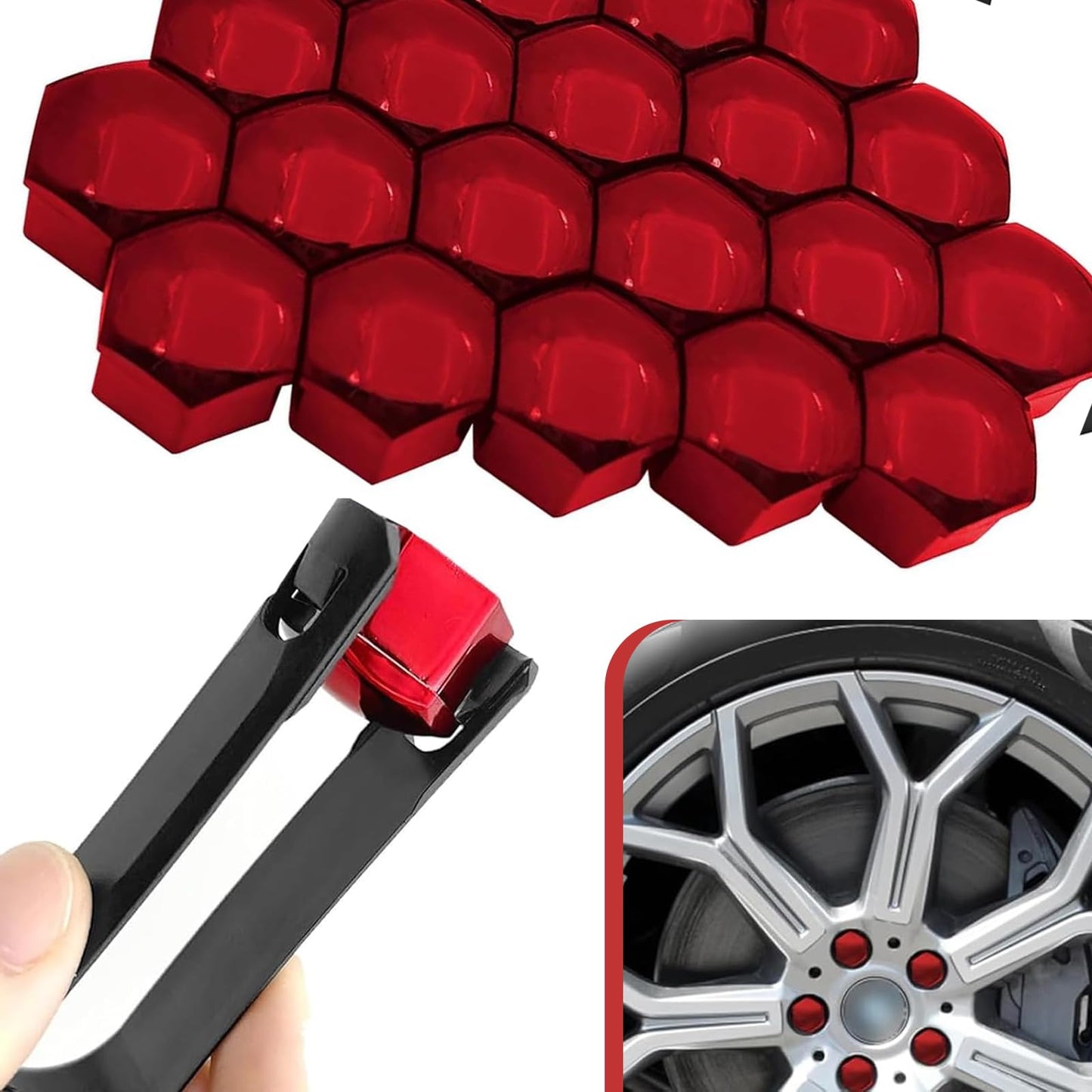 Cuymoap 20 PCS Lug Nut Covers, 19 mm Tire Nut Dustproof Protective Cover with Pull Clip, Rustproof Electroplated Aesthetically Pleasing Decoration, for Most Cars Tire Trim Accessories (Red)