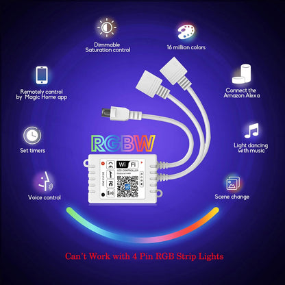 GIDEALED Smart WiFi RGBW LED Controller 2-Output 5 Pin with 24-Key Remote,Compatible with Alexa&Google Assistant,Voice/APP Control Strip Lights for Android/iOS System(WiFi LED Controller Only)