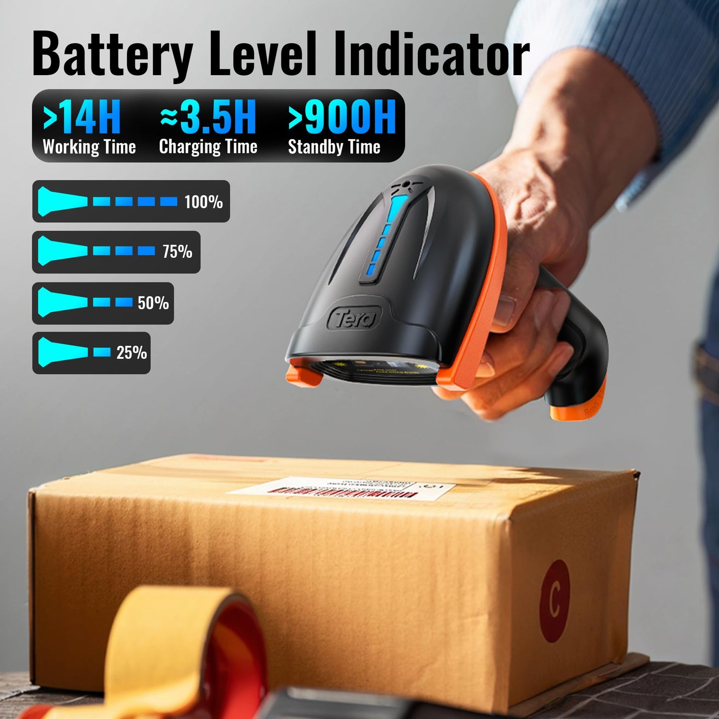 Tera Barcode Scanner Wireless with Battery Level Indicator Rechargeable 1D Laser Barcode Reader 2000mAh Battery, Design Patent: EU008489413, 5100