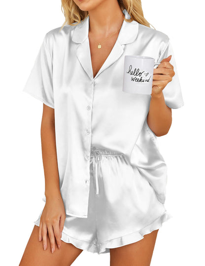 Ekouaer Womens Satin Pajamas Set Button Down 2 Piece Silk Pjs Shorts Set Ruffle Lingerie Notch Collar Sleepwear