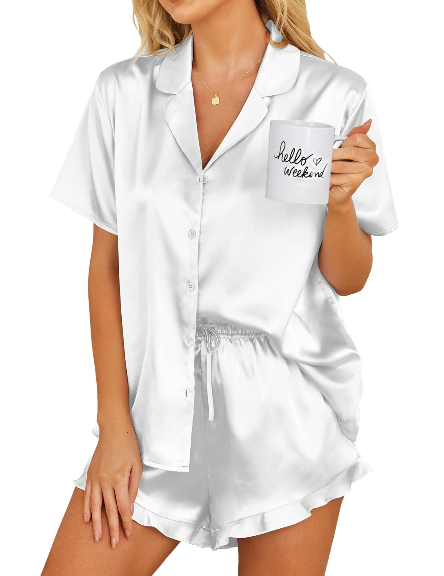 Ekouaer Womens Satin Pajamas Set Button Down 2 Piece Silk Pjs Shorts Set Ruffle Lingerie Notch Collar Sleepwear