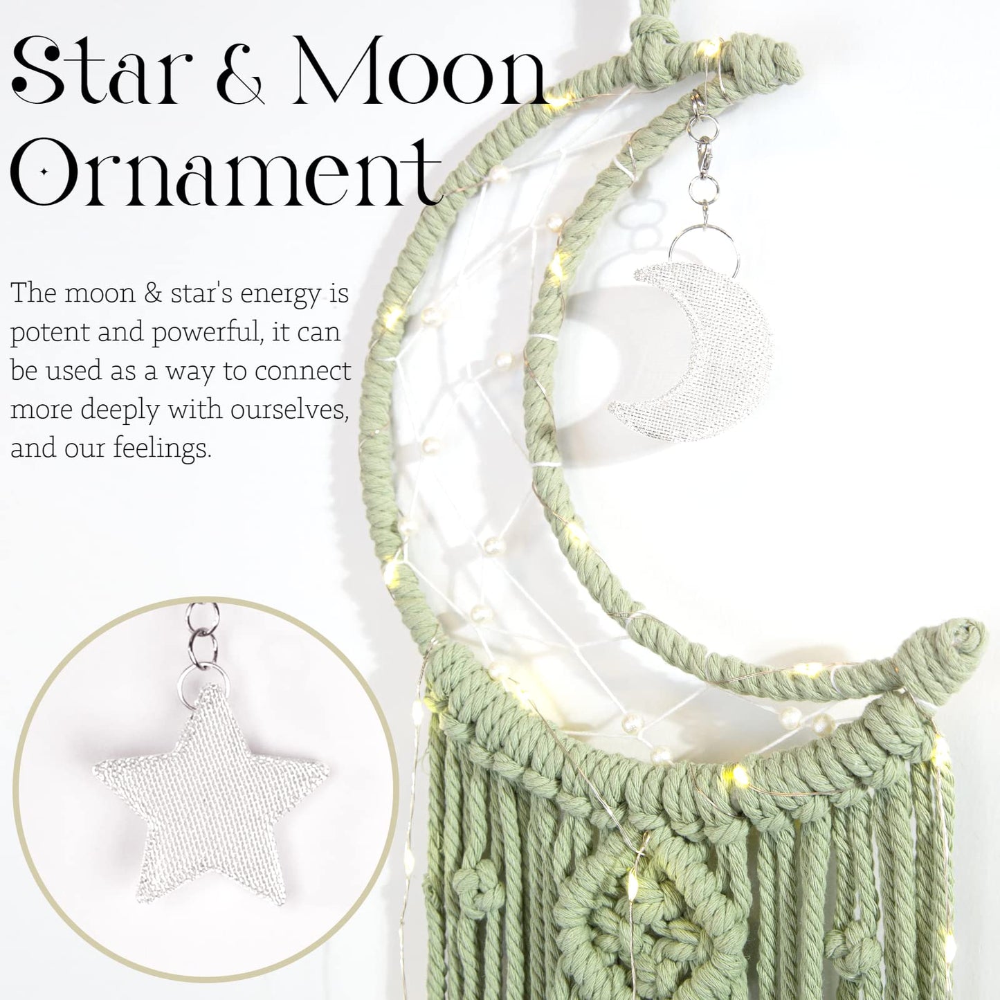 Macrame Moon Dream Catcher for Girl, Green Boho Crescent Dreamcatcher for Bedroom Adult, Handmade Nursery Room Wall Hanging with Star Pendant for Teen, Bohemian Home Decoration Idea