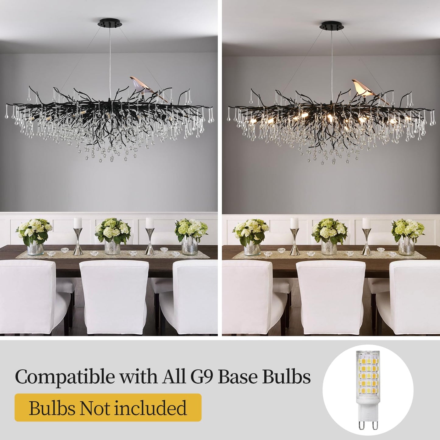 Modern Crystal Chandelier, Tree Branch Style - L60" Black Linear Raindrop Pendant Light - 16 Lights for Dining, Living Room, Entryway, Foyer, Stairway, Bedroom