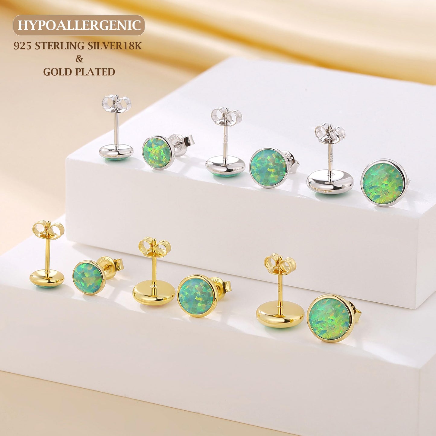 JiayangJY Silver Green Fire Opal Stud Earrings for Women Sterling Silver Round Shape 7mm Opal Earrings with Push Back