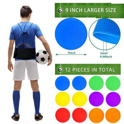 PIKZH Poly Spot Markers 9.05 inch 12 Pcs Non-Slip Rubber Agility Training Markers Floor Dots Flat Field Cones for Football, Soccer, Basketball, School Exercise Drills, Dance Practice