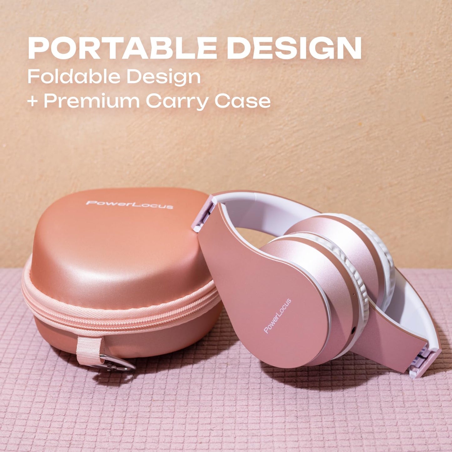 PowerLocus Wireless Bluetooth Over-Ear Stereo Foldable Headphones, Wired Headsets with Built-in Microphone for iPhone, Samsung, LG, iPad (Rose Gold)