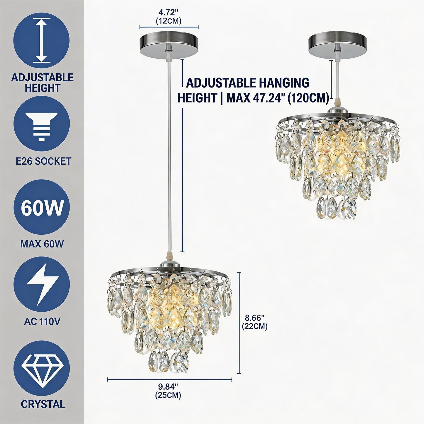 HongnuoFc Mini Crystal Chandelier Small Modern Crystal Flush Mount Ceiling Light for Hallway Closet, E26 Base, K9 Crystal (Chrome-Pendant)