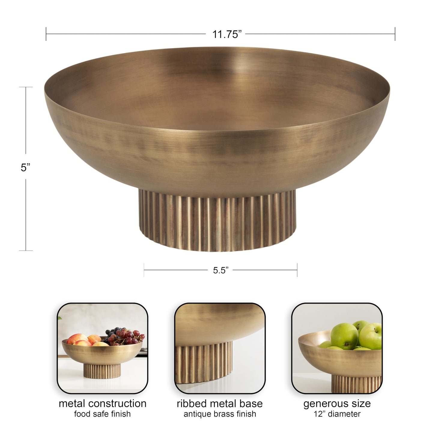 Kate and Laurel Rooks Ribbed Decorative Metal Bowl; 12 Inch Diameter; Brass; Modern Raised Fruit Bowl for Kitchen Counter or Use as a Key Bowl for an Entryway Table