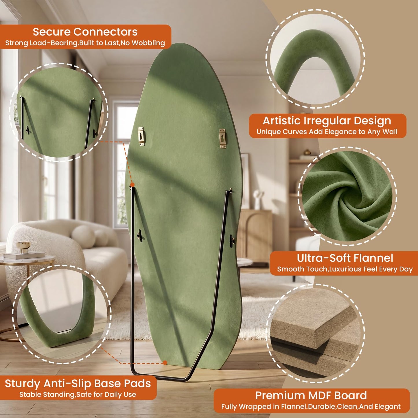 ZHUNFA Full Length Mirror,65×24 Mirror Full Length Wall Mounted Wrapped in Flannel,Featuring an Irregular Cloud Shaped Design,Room,Bedroom,Living Room Home Decor,Green.