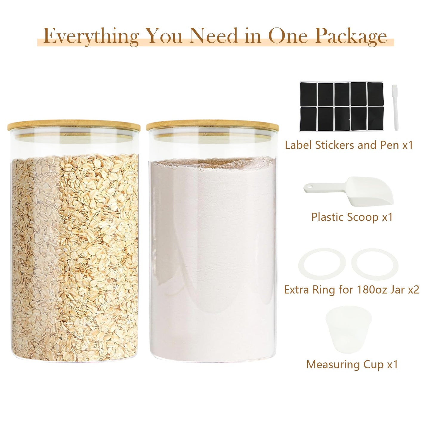 Large Glass Cereal Containers Storage with Airtight Bamboo Lids,Pantry Storage Container,Perfect for Kitchen Organization - Flour, Rice, Pasta, Sugar, Coffee Beans, Accessories Included,2 packs(168oz)