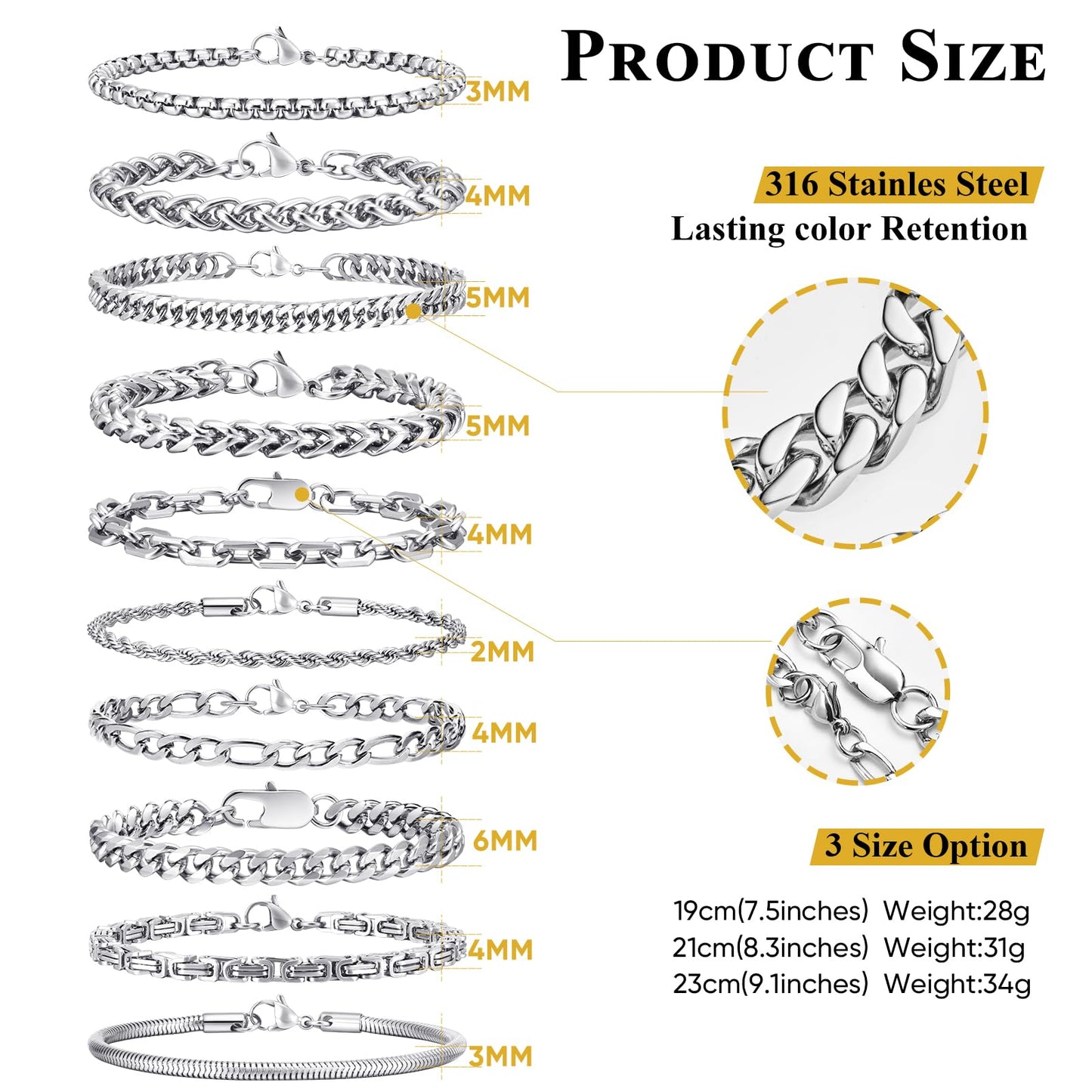 VNOX Silver Chain Bracelet for Men - 10 Pcs Solid Stainless Steel Rope/Figaro/Paperclip/Cuban Link/Snake Curb Chunky Chain Bracelet Set Wrist Band for Men Women,Mens Jewelry Set