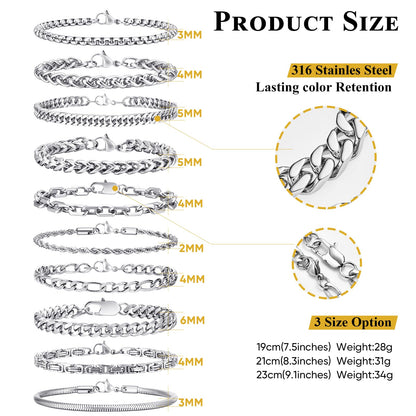 VNOX Silver Chain Bracelet for Men - 10 Pcs Solid Stainless Steel Rope/Figaro/Paperclip/Cuban Link/Snake Curb Chunky Chain Bracelet Set Wrist Band for Men Women,Mens Jewelry Set