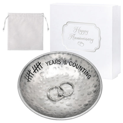 CEELGON 10 Year Wedding Anniversary Tin Gifts - 4" Tin Jewelry Tray Engraved Aluminum Decorative Dish for Couple