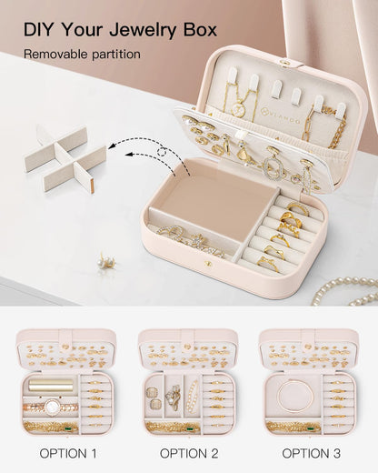VLANDO Travel Jewelry Case, PU Leather Travel Jewelry Box with Earring Holder, Portable Display Small Jewelry Box for Mothers Day Women Girls Gift - Pink