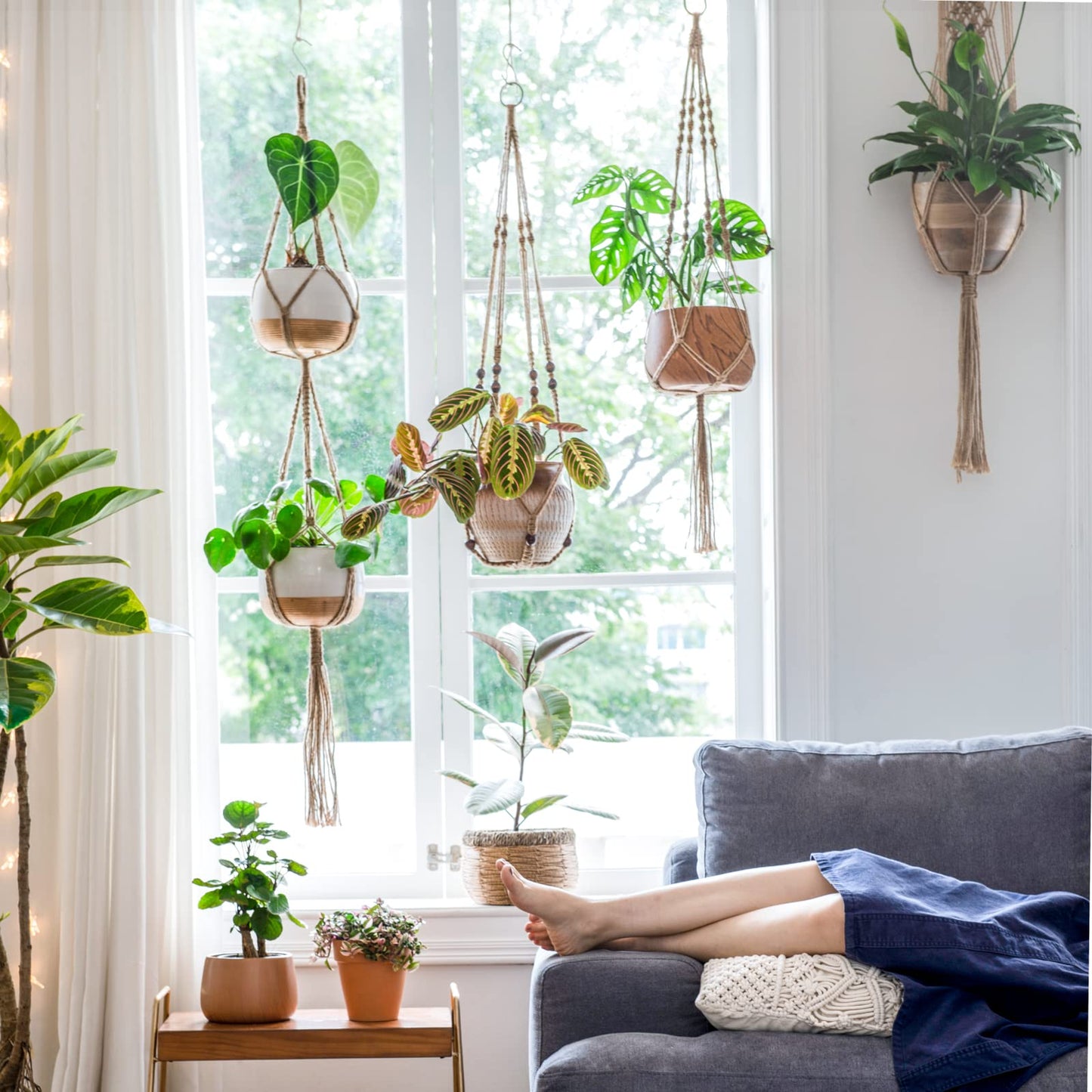 Mkono Macrame Plant Hangers Set of 4 Indoor Hanging Planter Basket Wall Decorative Flower Pot Holder with 4 Hooks for Indoor Outdoor Home Decor Gift Box, Brown