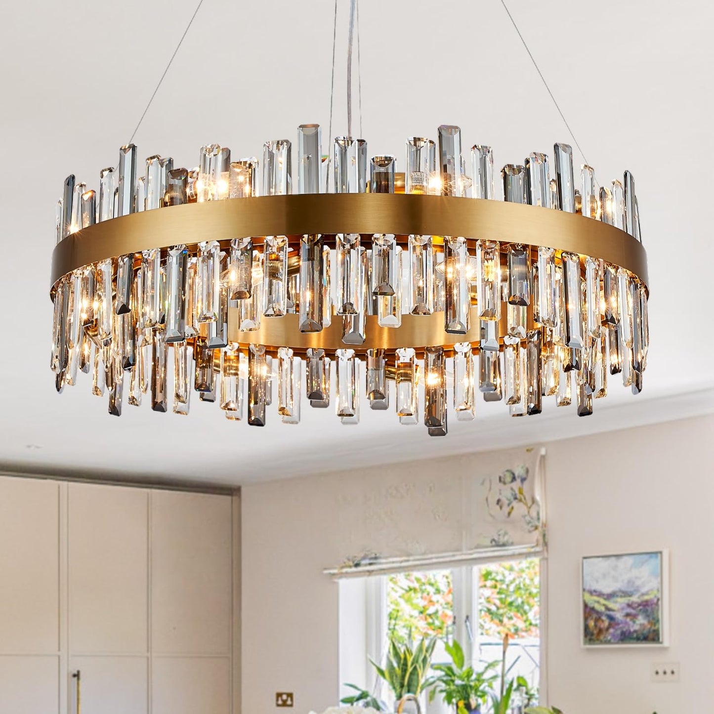 Siljoy Modern Crystal Chandelier, 16-Light Luxury Brass Gold 2-Tiers K9 Crystal Raindrop Chandelier Dimmable Crystal Pendant Ceiling Light for Dining Living Room Kitchen Island Entry Foyer D31.5''