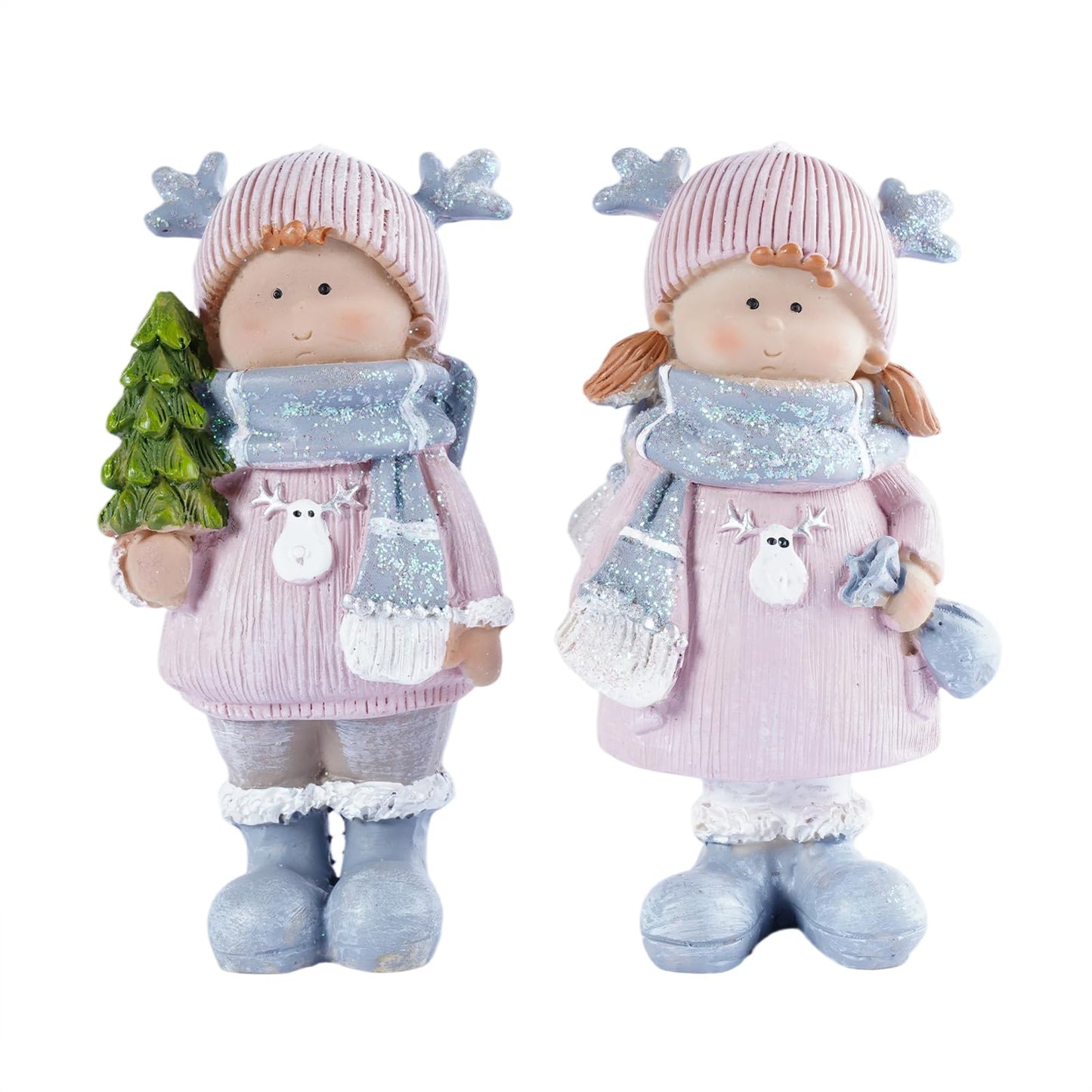 Brizoria Christmas Home Decor Set of 2 Resin Mini Sculptures with Reindeer Hats, Cute Female Themed Winter Ornaments for Mantel, Tiered Tray & Indoor Tabletop Christmas Decor