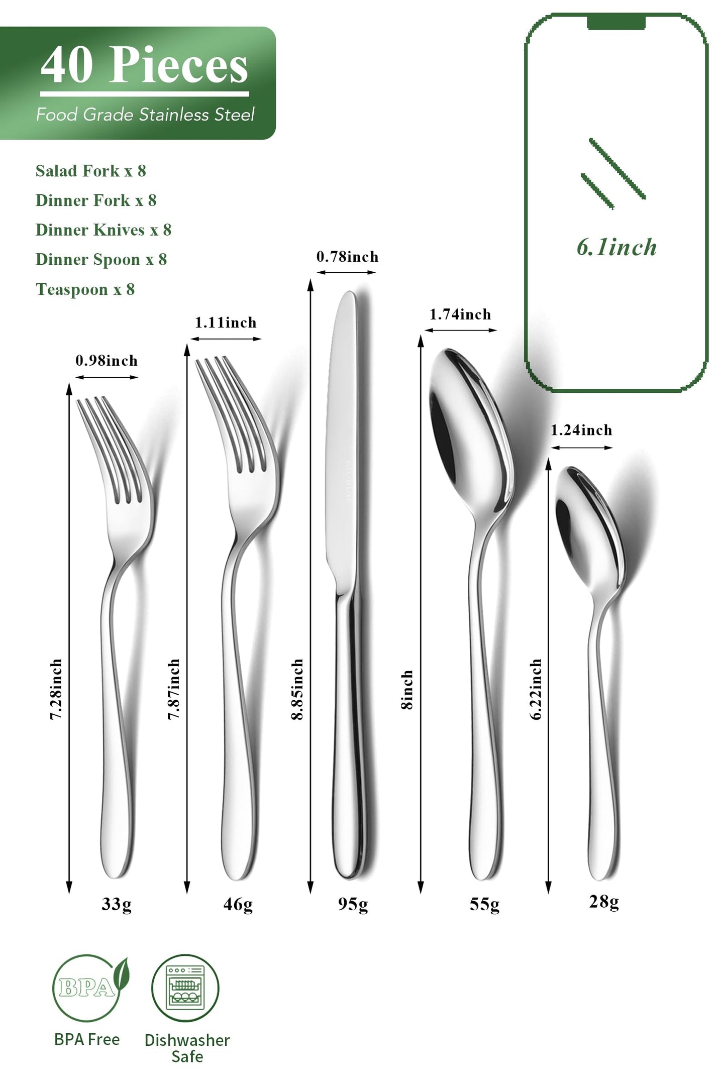 EIUBUIE 40 Piece Silverware Set for 8, Stainless Steel Flatware Set, Cutlery Sets with Mirror Finish, Dishwasher Safe, Modern Kitchen Forks, Spoons, Knives, Eating Utensil Sets