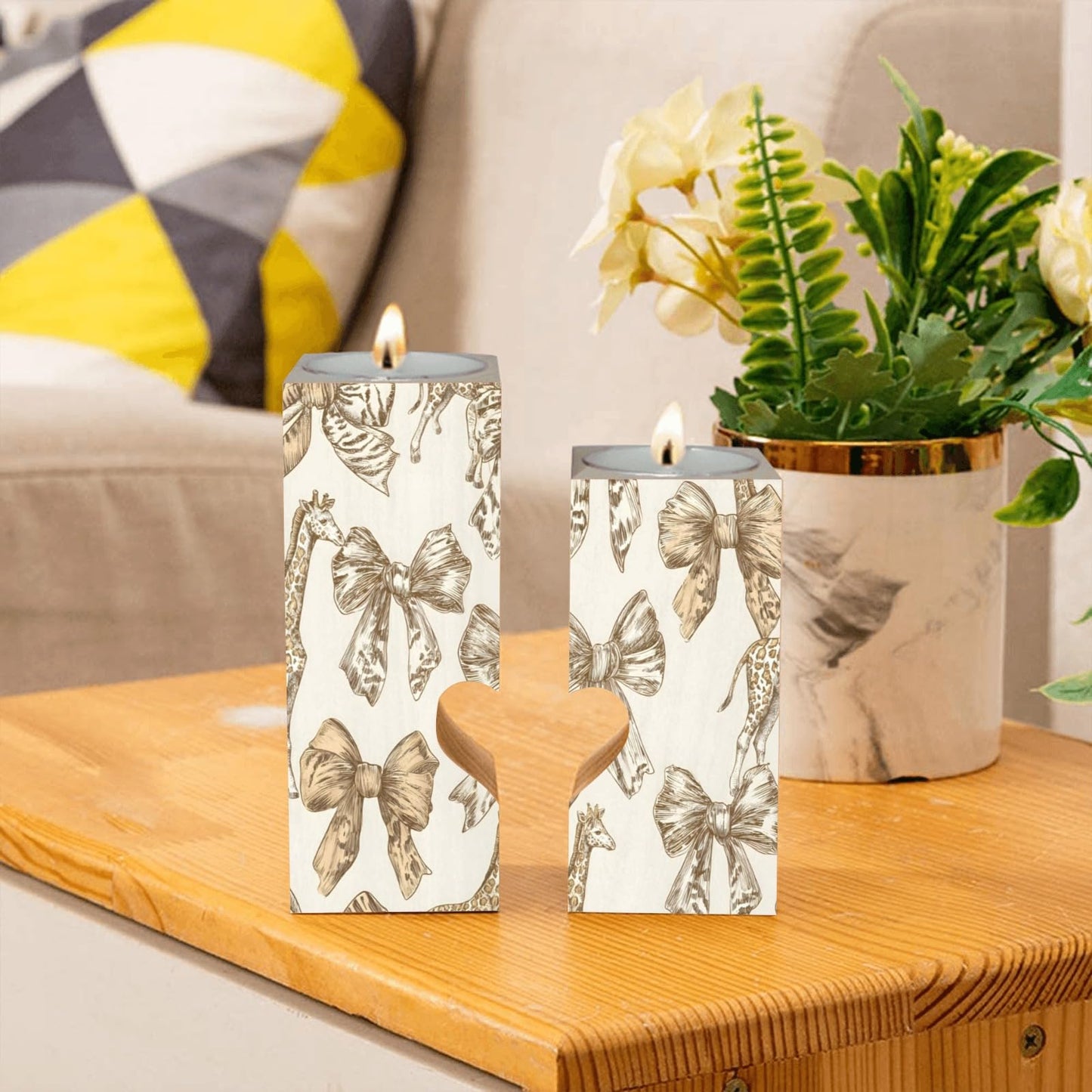 pnyoin Animal Print with Bows Candle Holders Gift for Women Wooden Heart Candlestick Personalized Christmas Birthday Graduation Friendship Gifts Home Wedding Dinning Party Decorative