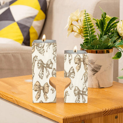 pnyoin Animal Print with Bows Candle Holders Gift for Women Wooden Heart Candlestick Personalized Christmas Birthday Graduation Friendship Gifts Home Wedding Dinning Party Decorative