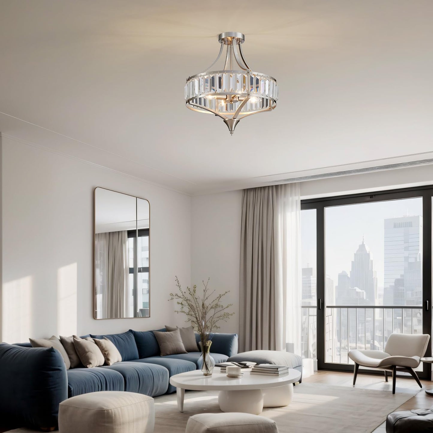 Cabvope Crystal Chandelier Ceiling Light Fixture, Modern Round Brushed Nickel Dining Room Chandeliers for Kitchen Hallway Bedroom Foyer, 16 Inch Rustic Farmhouse Semi Flush Ceiling Light, 4-Light