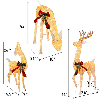 Hourleey 3-Piece Pre-Lit Reindeer Family Set, 3D Plug in 170 Count Warm White Lighted Decoration, Waterproof Outdoor Christmas Deer Decor for Yard, Patio, Lawn, Garden, Party