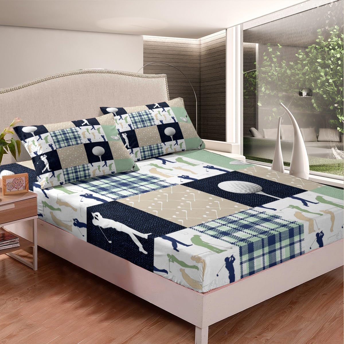 Castle Fairy Golf Plaid Bed Sheet Set King Size,Ball Sports Lover Style Deep Pocket Fitted Sheet,1 Flat,2 Pillowcases,Green Buffalo Grid Geometric Bed Mattress Cover, Bedroom Decor