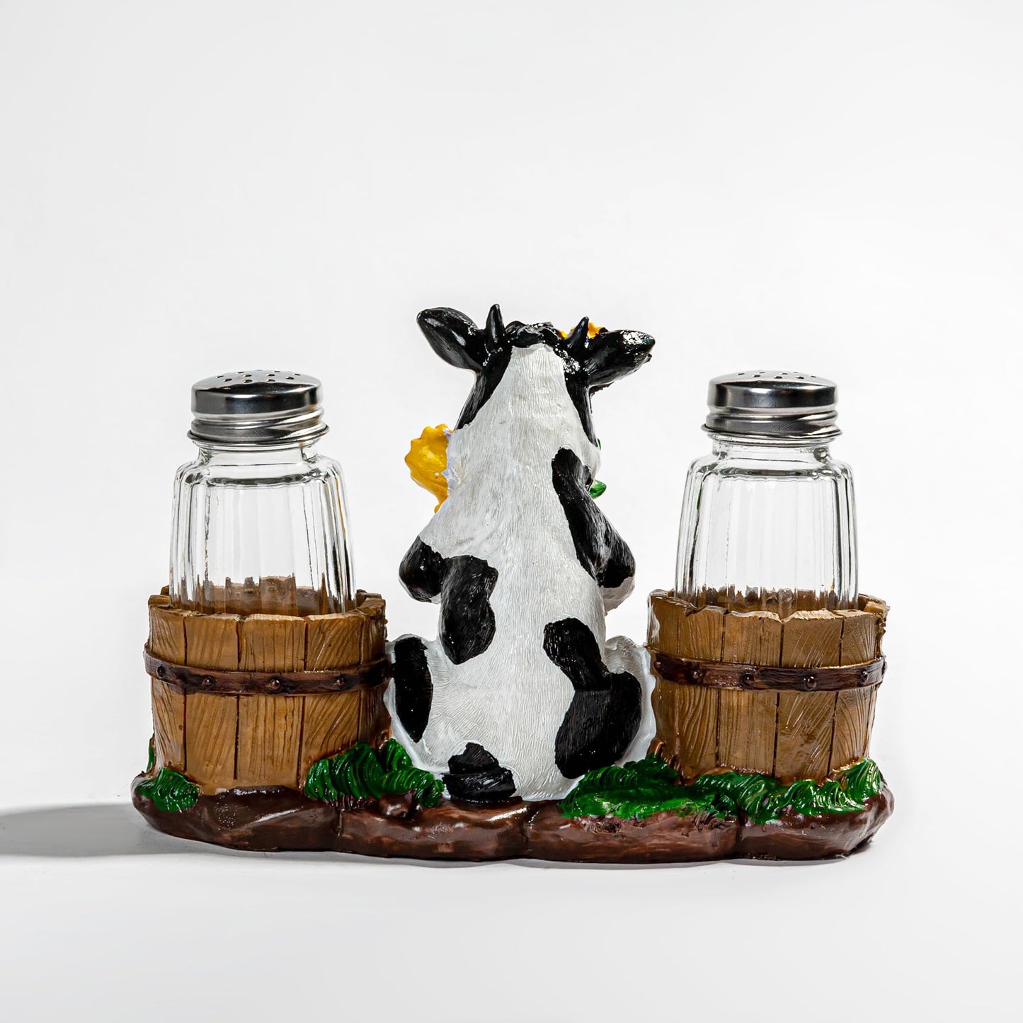 Rustic Farm Cow Salt and Pepper Shaker Holder with Glass Jars